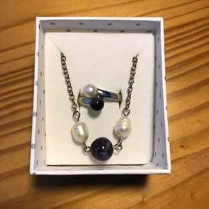 NEW Pearl and Amethyst Ring and Necklace Set